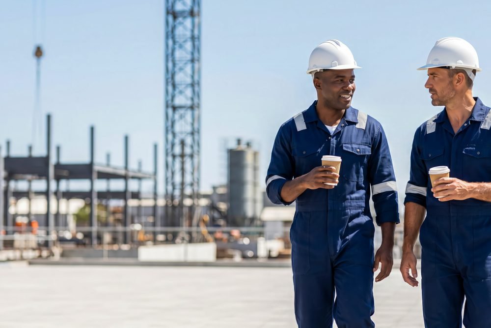 Banner with a concept for promoting coffee and natural caffeinated drinks. Colleagues walk through a construction site with cups of coffee in their hands after lunch, copy space for text